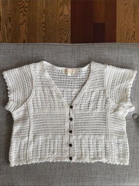 Rebellion White Crochet Cropped Button-Front Knit Top 100% Cotton. Womens Size M